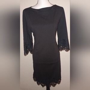 Beige Elegant Black Lace Trim Dress L